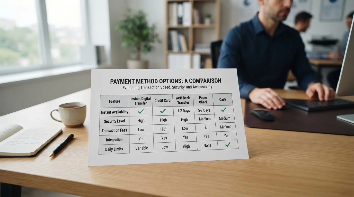 Comparison chart showing UK payment method speeds and costs side by side
