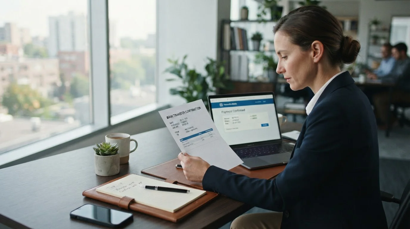 Person reviewing bank transfer confirmation document at desk with laptop