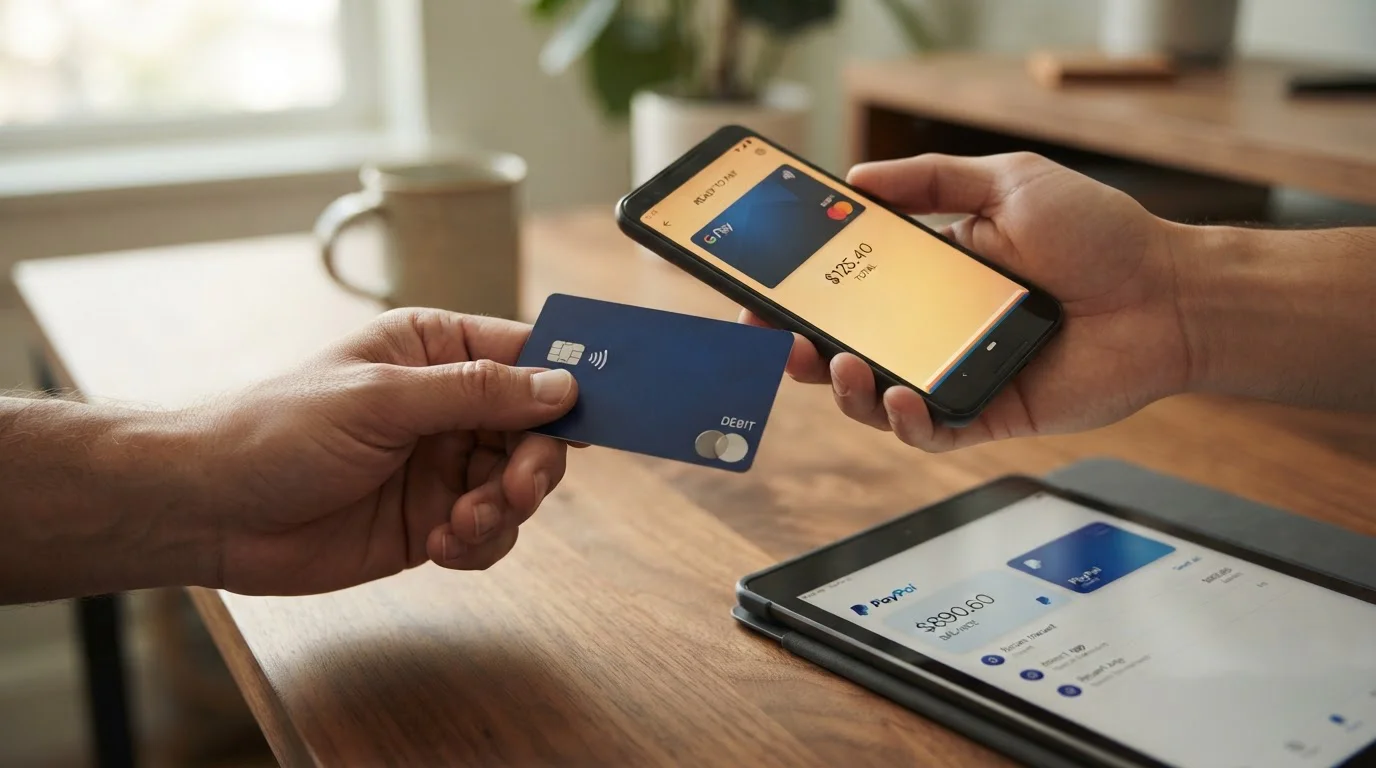 Hands holding debit card, smartphone with Apple Pay, and PayPal app