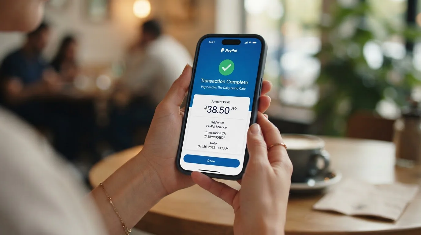 Mobile phone showing PayPal payment confirmation screen