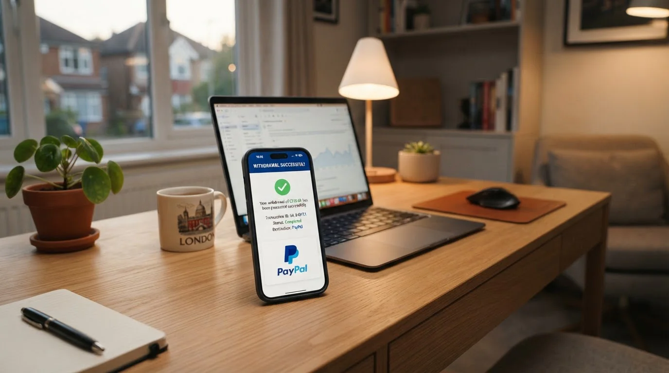 Smartphone displaying casino withdrawal confirmation with PayPal logo