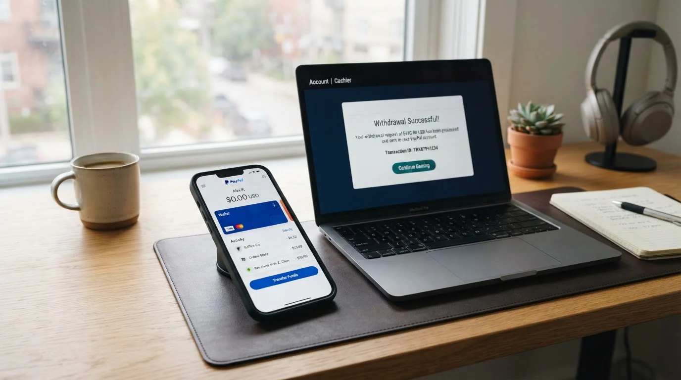 Smartphone showing PayPal interface next to laptop with casino withdrawal confirmation screen on modern desk
