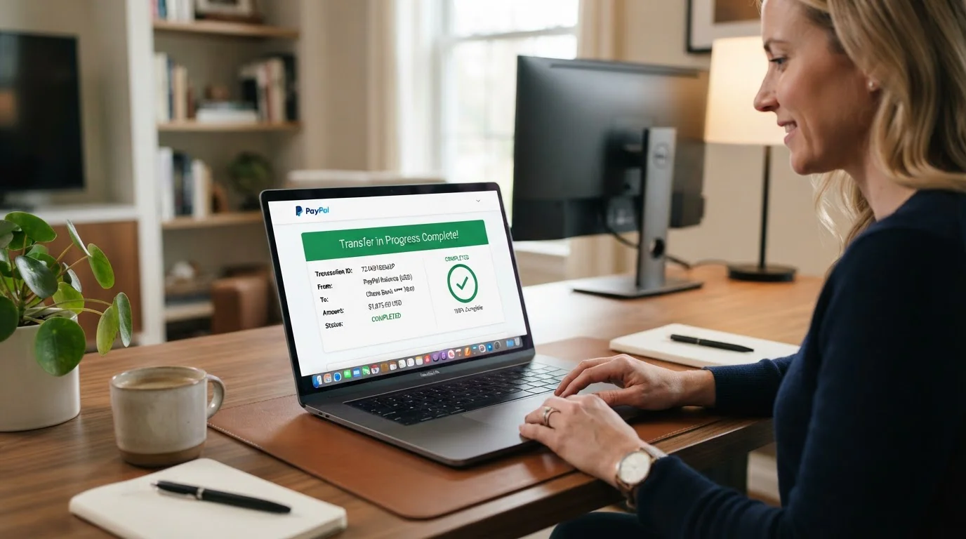 Desktop showing PayPal e-wallet withdrawal completing in real-time