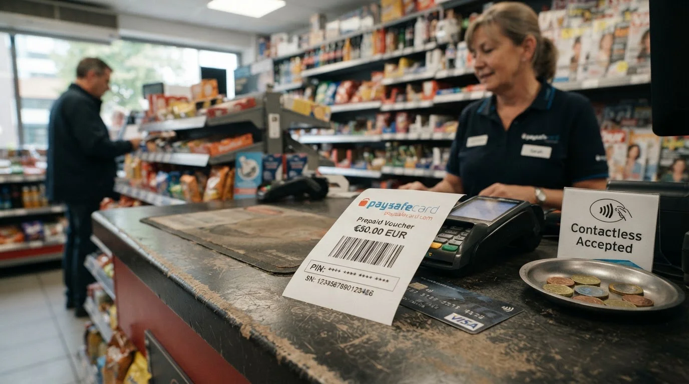 Paysafecard voucher with 16-digit PIN on retail counter