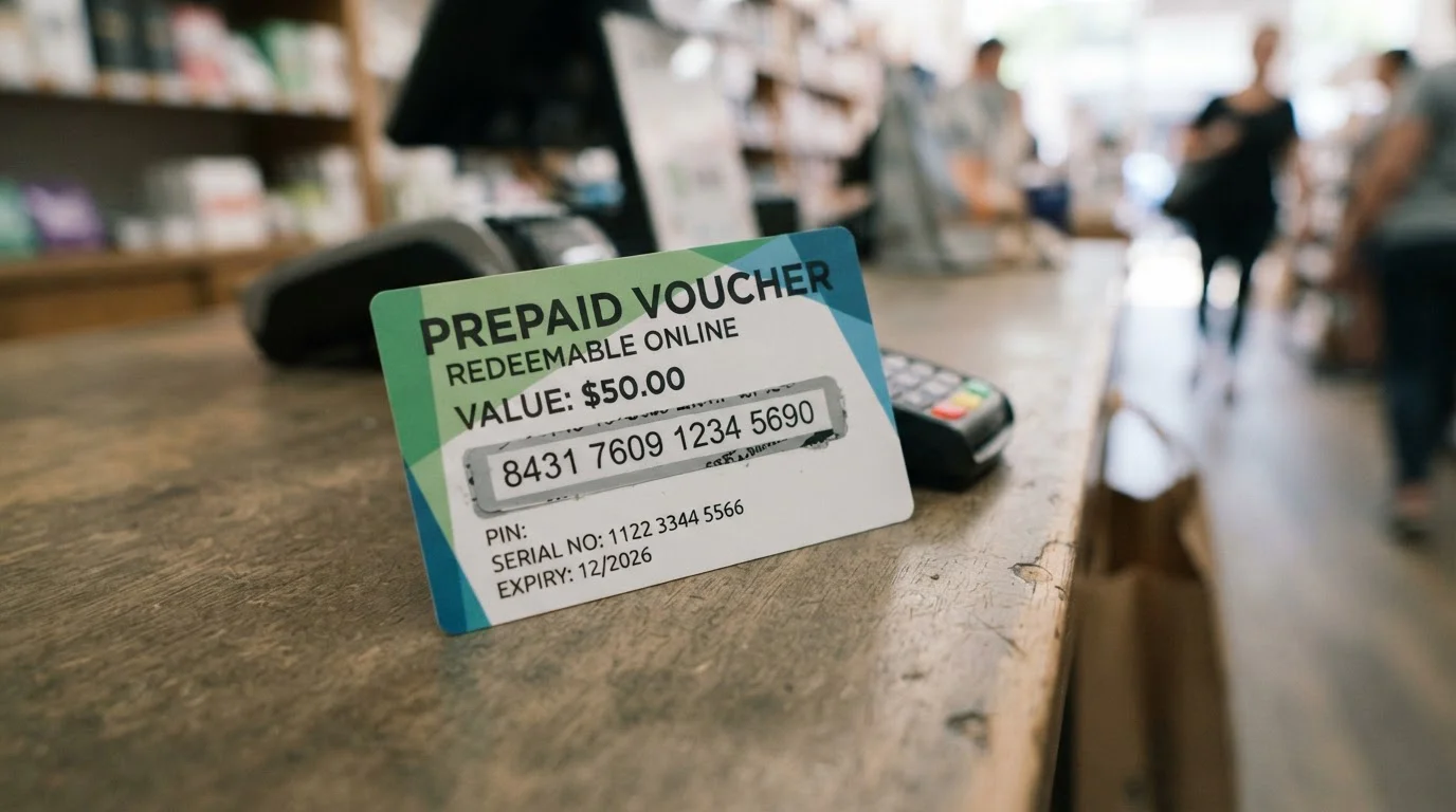 Prepaid voucher with 16-digit PIN code on retail counter