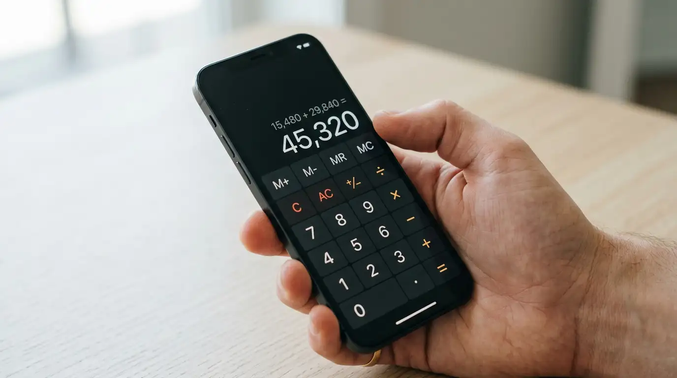 Hand holding smartphone with calculator app showing deposit fee calculations