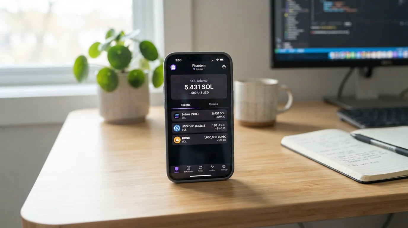 Mobile phone showing Phantom wallet interface with SOL balance