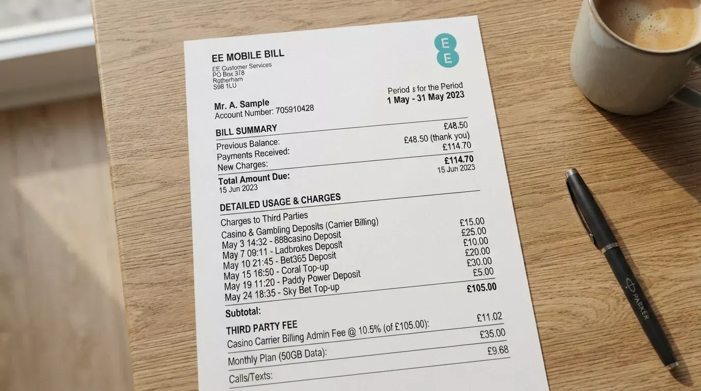 Phone bill statement showing casino deposit charge and fee breakdown
