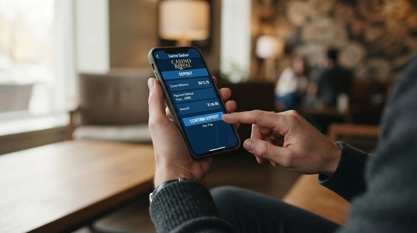 Person holding smartphone with casino cashier screen and SMS notification visible