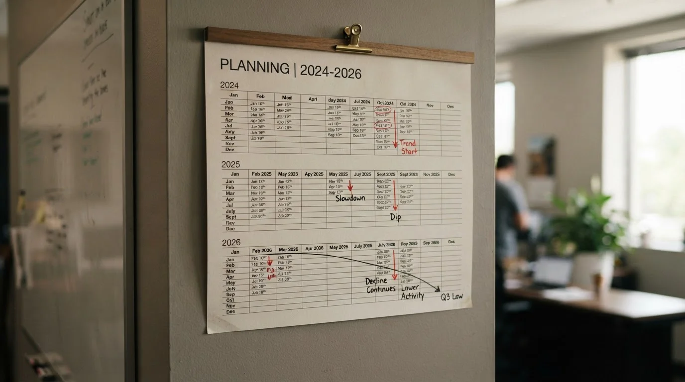 Calendar showing declining casino count from 2024 to 2026 with downward trend arrow