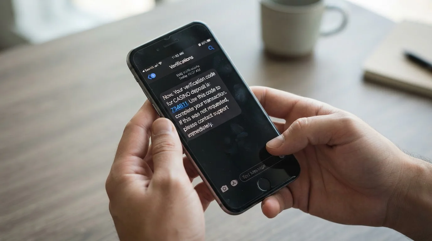Mobile phone screen showing SMS confirmation code for casino deposit