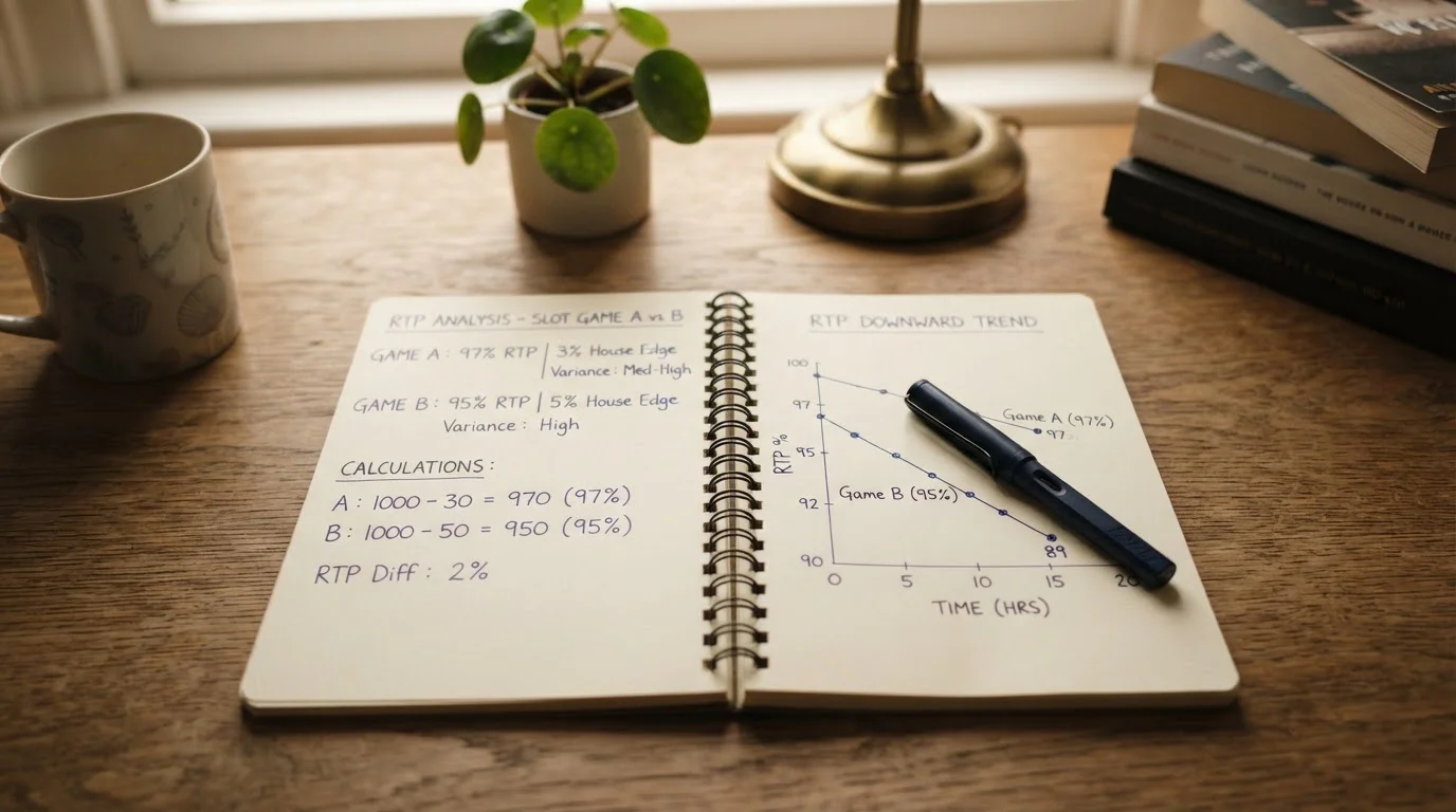 Notebook with handwritten calculations comparing RTP percentages and expected losses