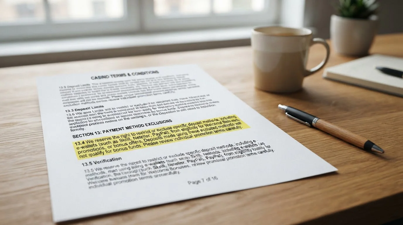 Casino bonus terms document highlighting e-wallet payment exclusions