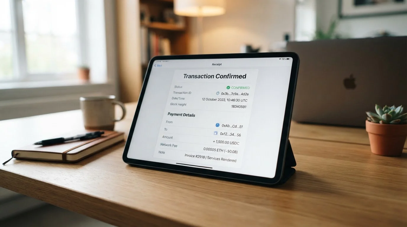 Clean transaction receipt showing blockchain confirmation time and minimal network fees