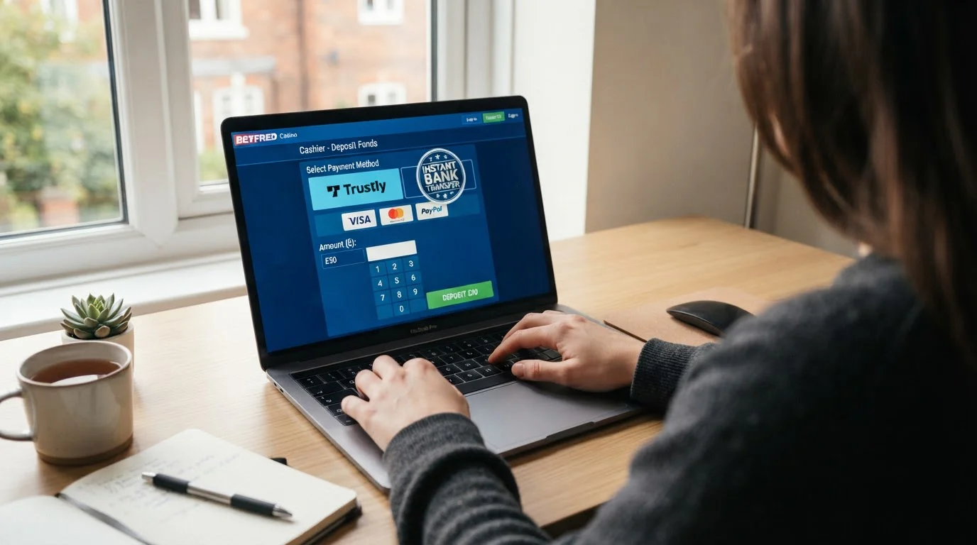 Person using laptop to complete Trustly instant bank transfer at UK casino cashier interface
