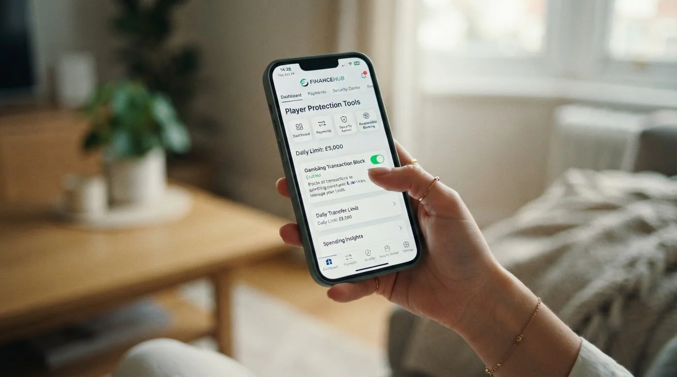 Mobile phone showing banking app with gambling transaction block toggle enabled