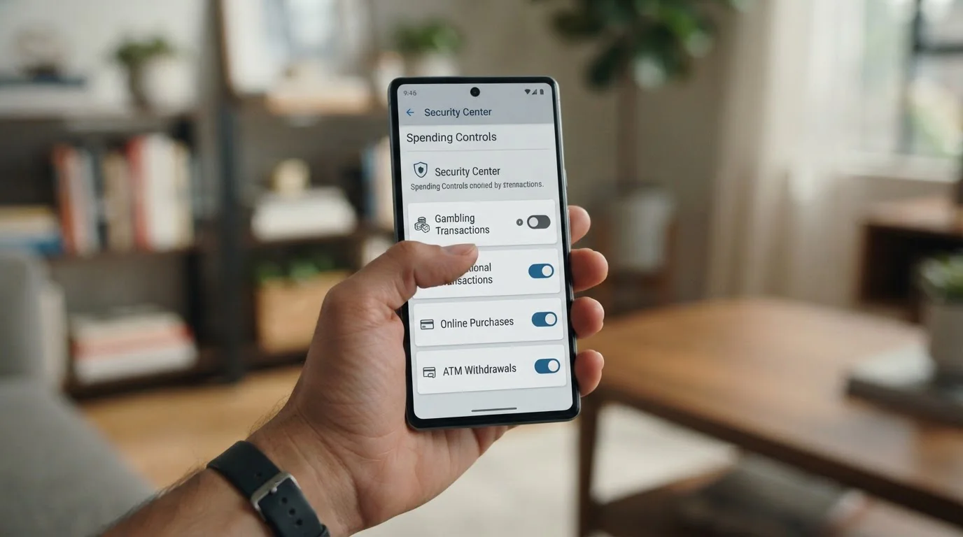 Mobile banking app screen showing gambling block toggle switch in spending controls menu