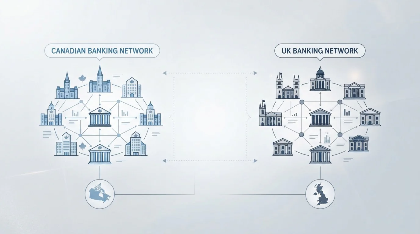 Banking network diagram showing Interac connecting Canadian institutions only