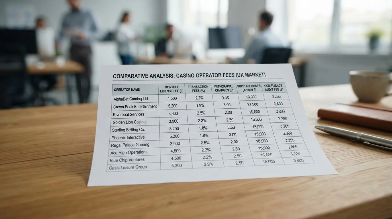 Comparison table showing UK casino operators with fee structures displayed