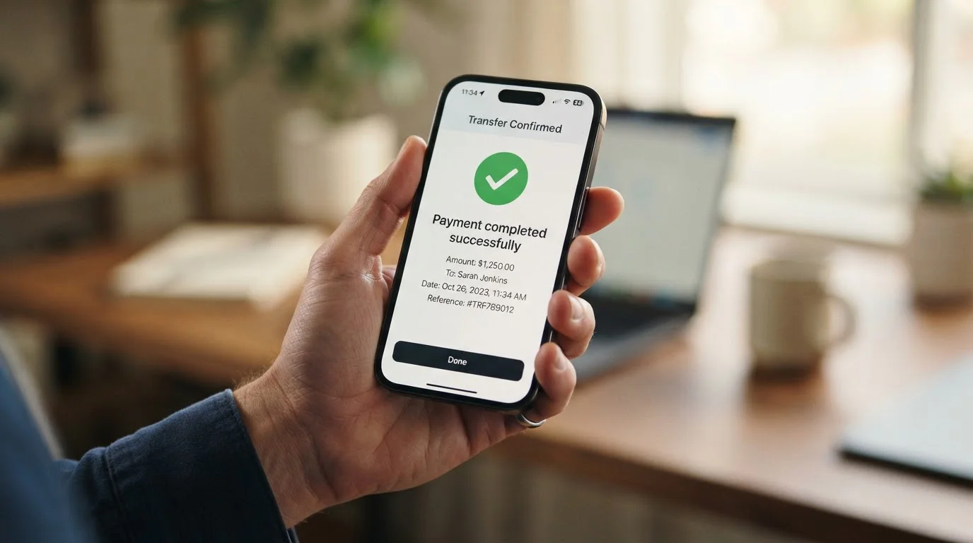 Close-up of smartphone showing banking app with instant transfer confirmation