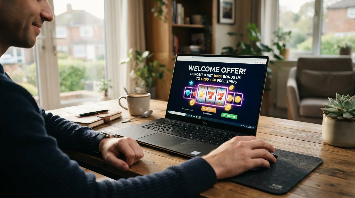Casino welcome bonus screen with free spins offer
