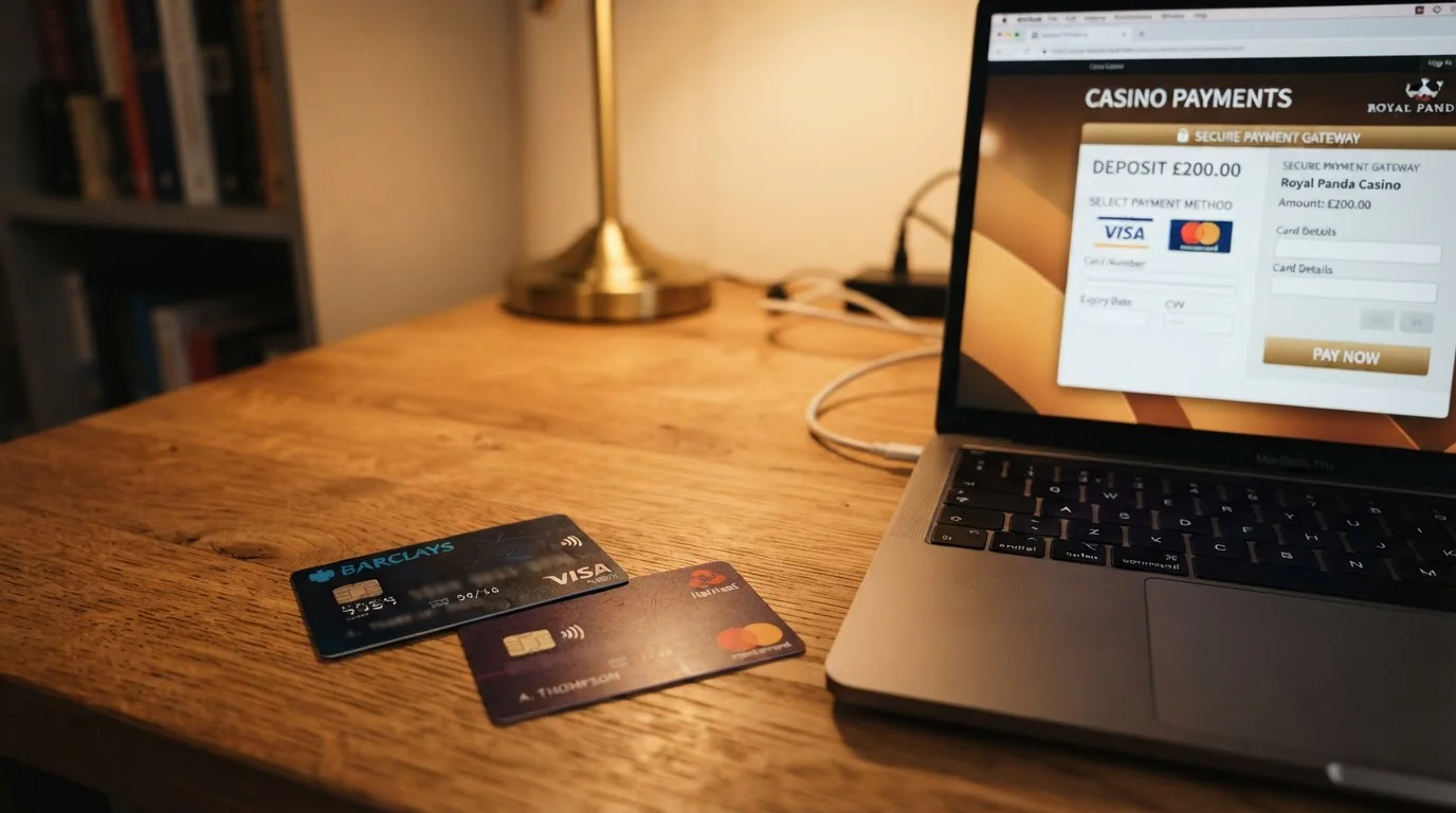 Visa and Mastercard debit cards on desk with laptop showing casino cashier