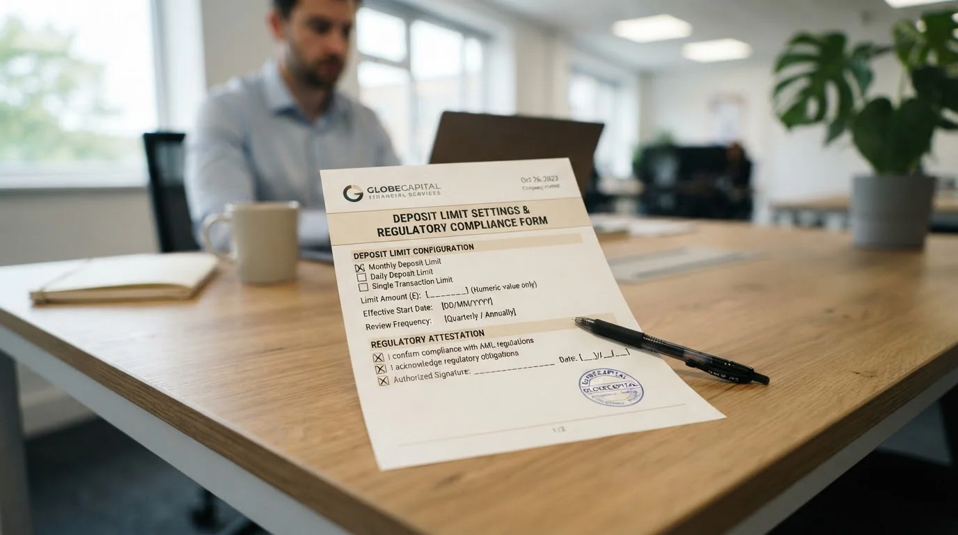 Document showing UK casino deposit limit settings and verification requirements