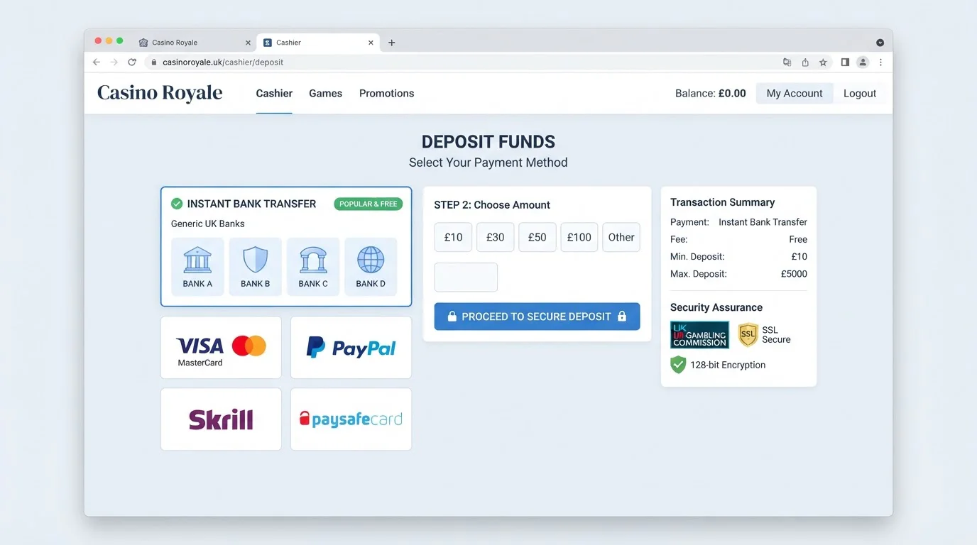 Casino cashier page showing instant bank transfer deposit options with UK bank logos