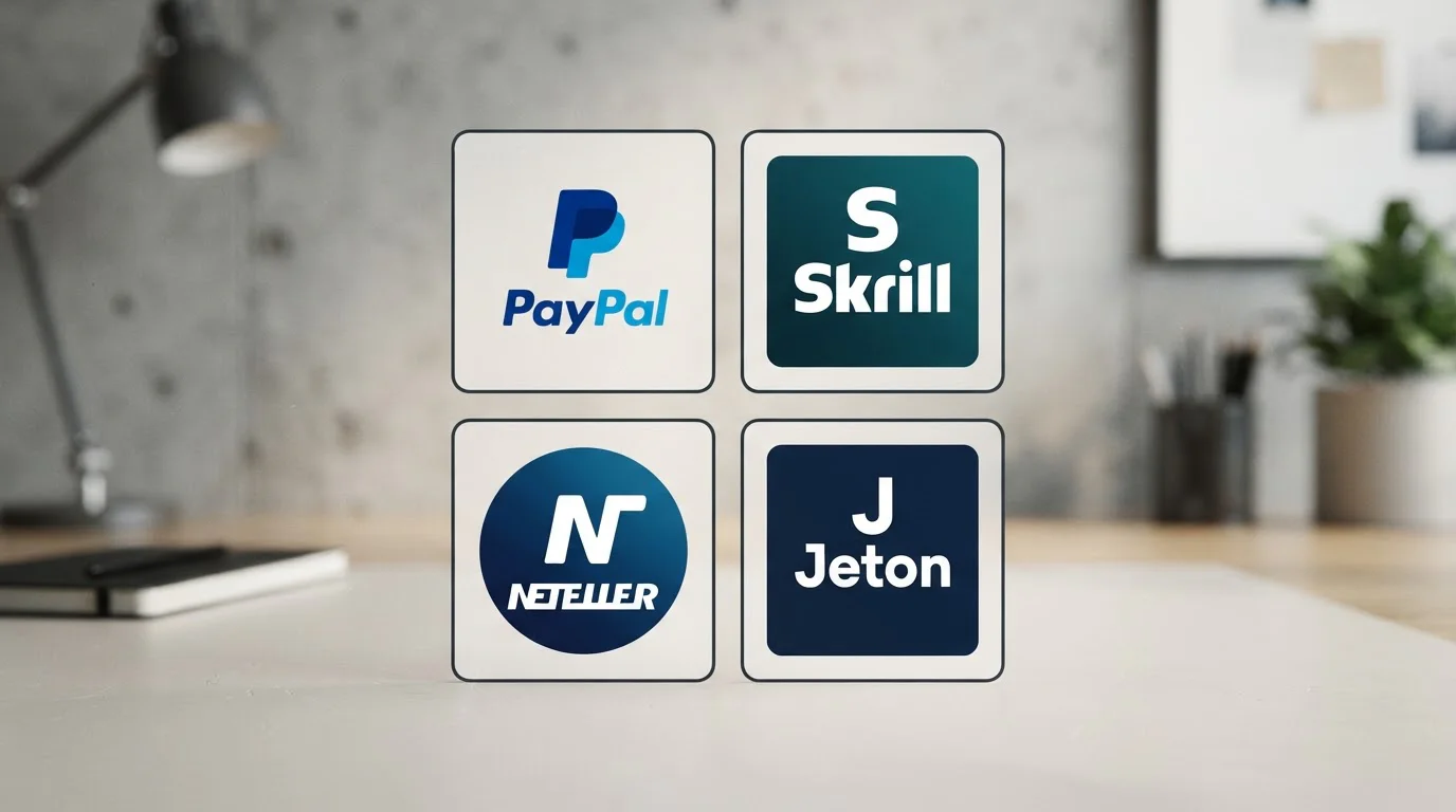 Comparison of e-wallet logos including PayPal Skrill Neteller and Jeton on clean background