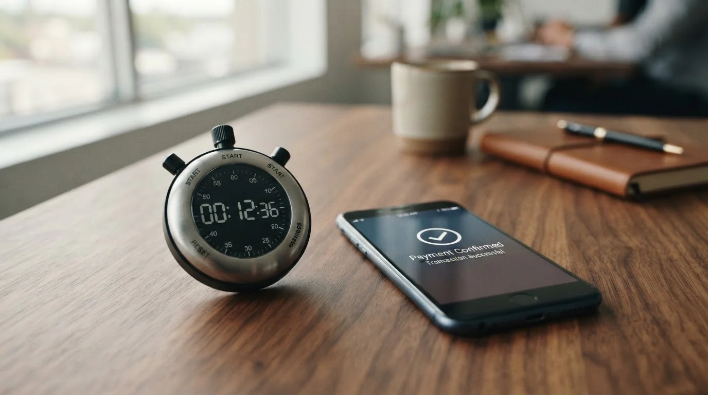 Stopwatch and smartphone showing payment confirmation notification on wooden desk