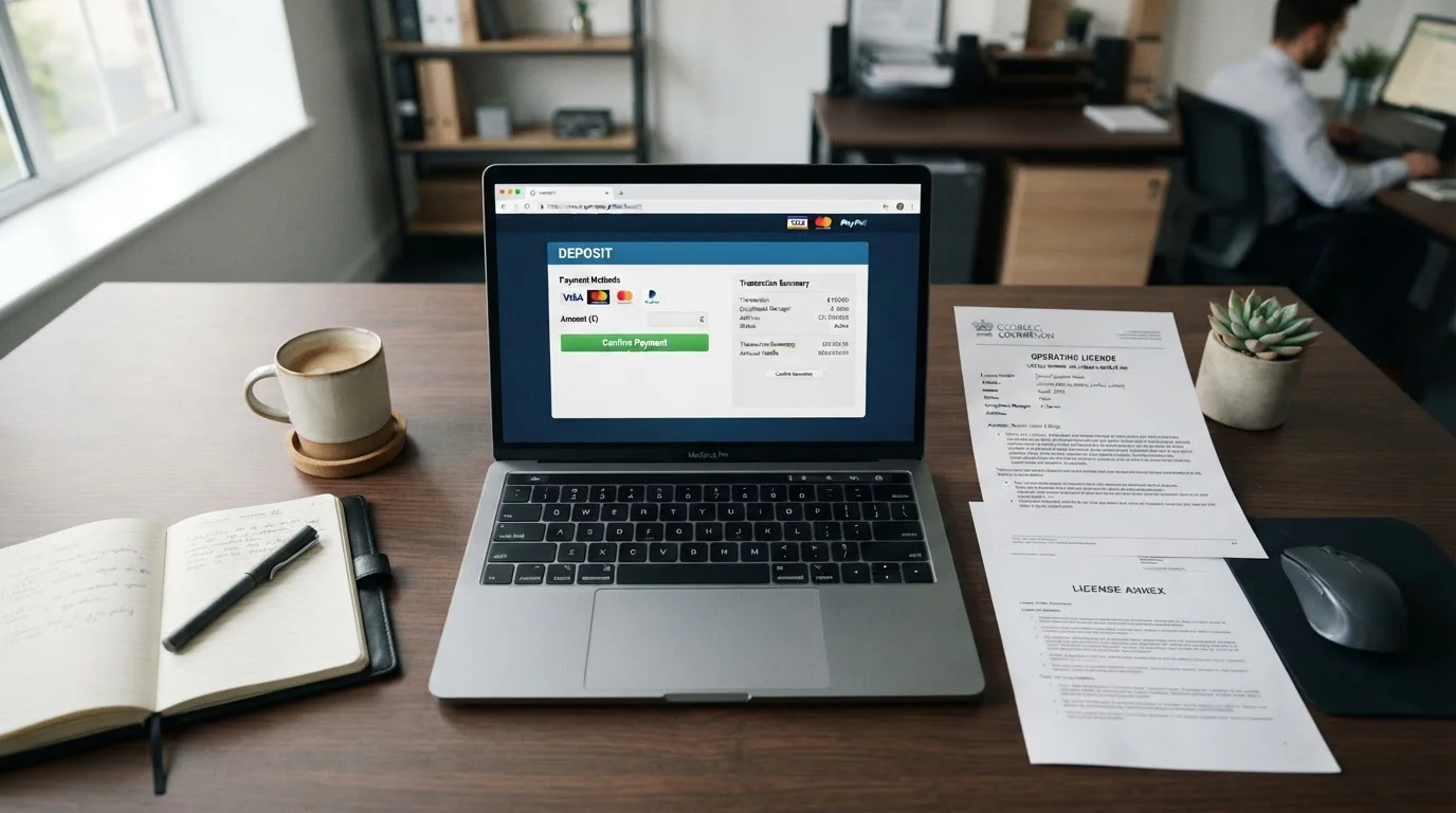 UKGC licence verification document on desk with casino banking page visible on laptop