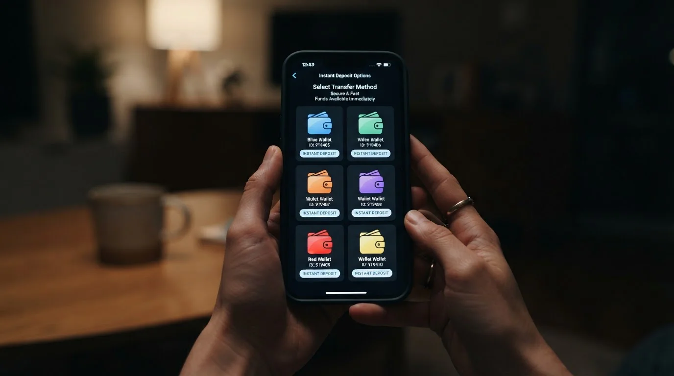 Mobile phone showing payment method comparison with instant deposit badges