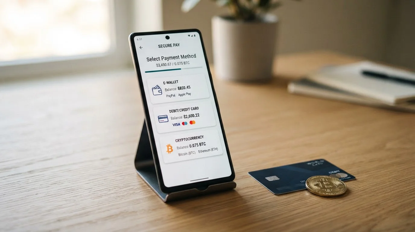 Smartphone displaying e-wallet, debit card and bank payment options for online casinos