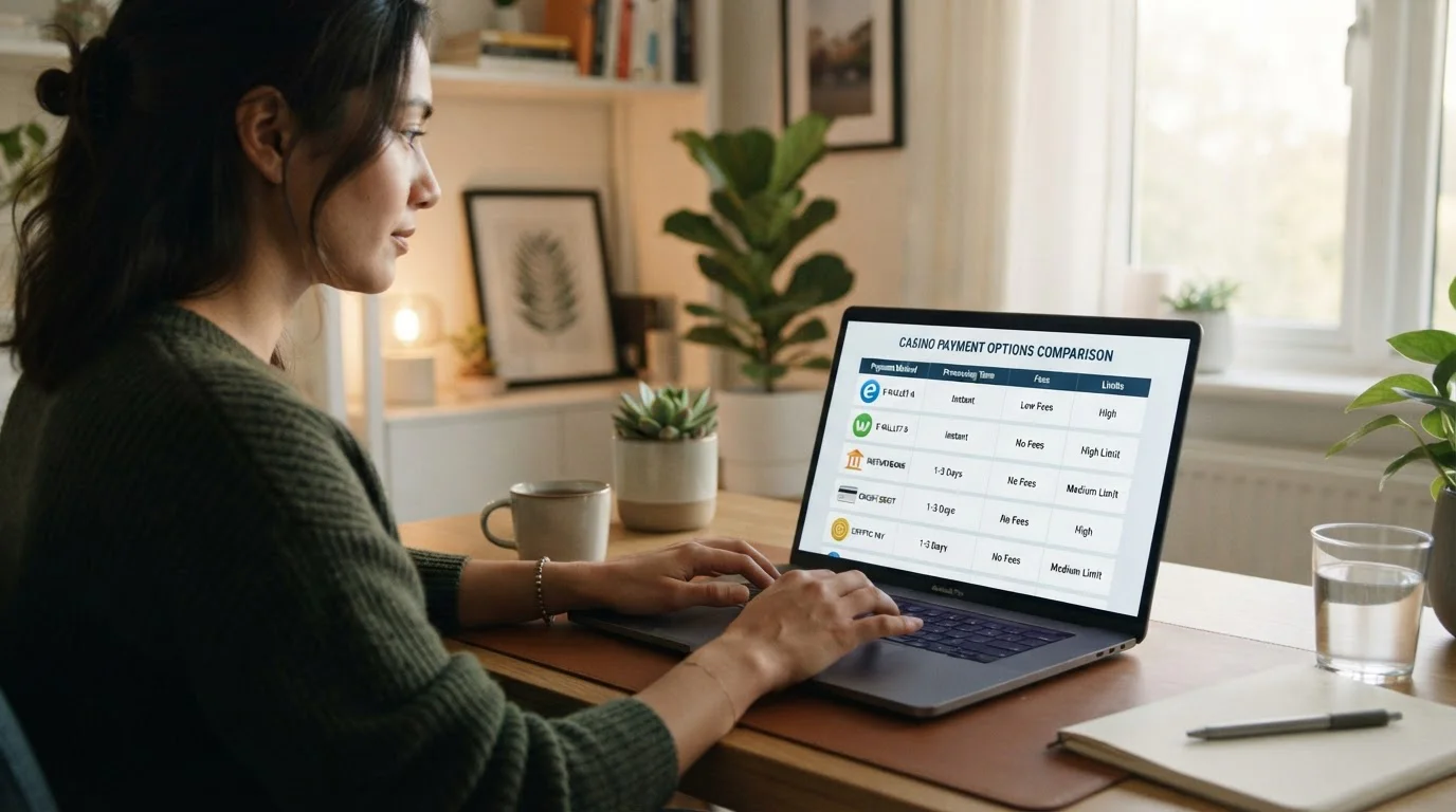 Person comparing casino payment options on laptop screen showing multiple e-wallet logos