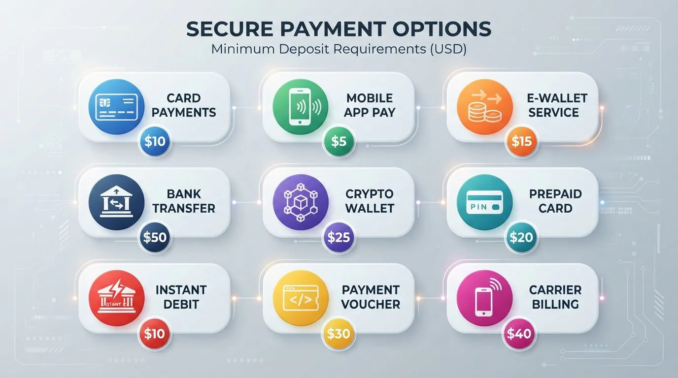 Smartphone showing various payment method icons with minimum deposit amounts