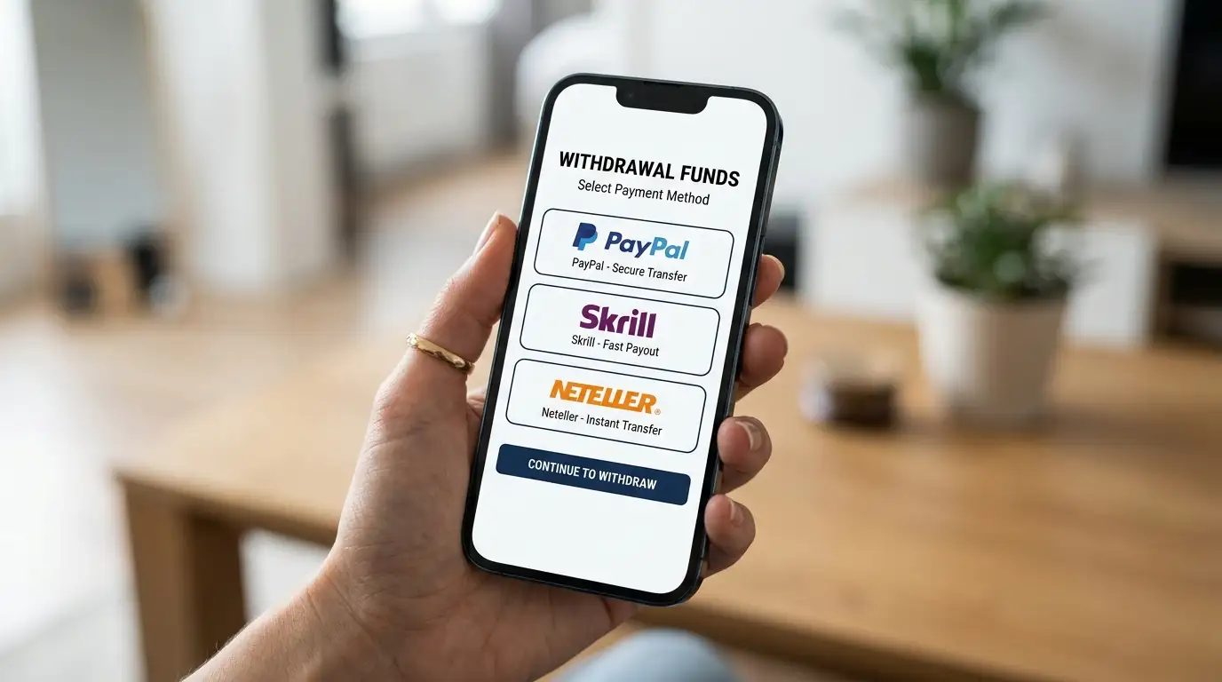 Smartphone displaying e-wallet payment methods PayPal Skrill and Neteller on casino withdrawal screen
