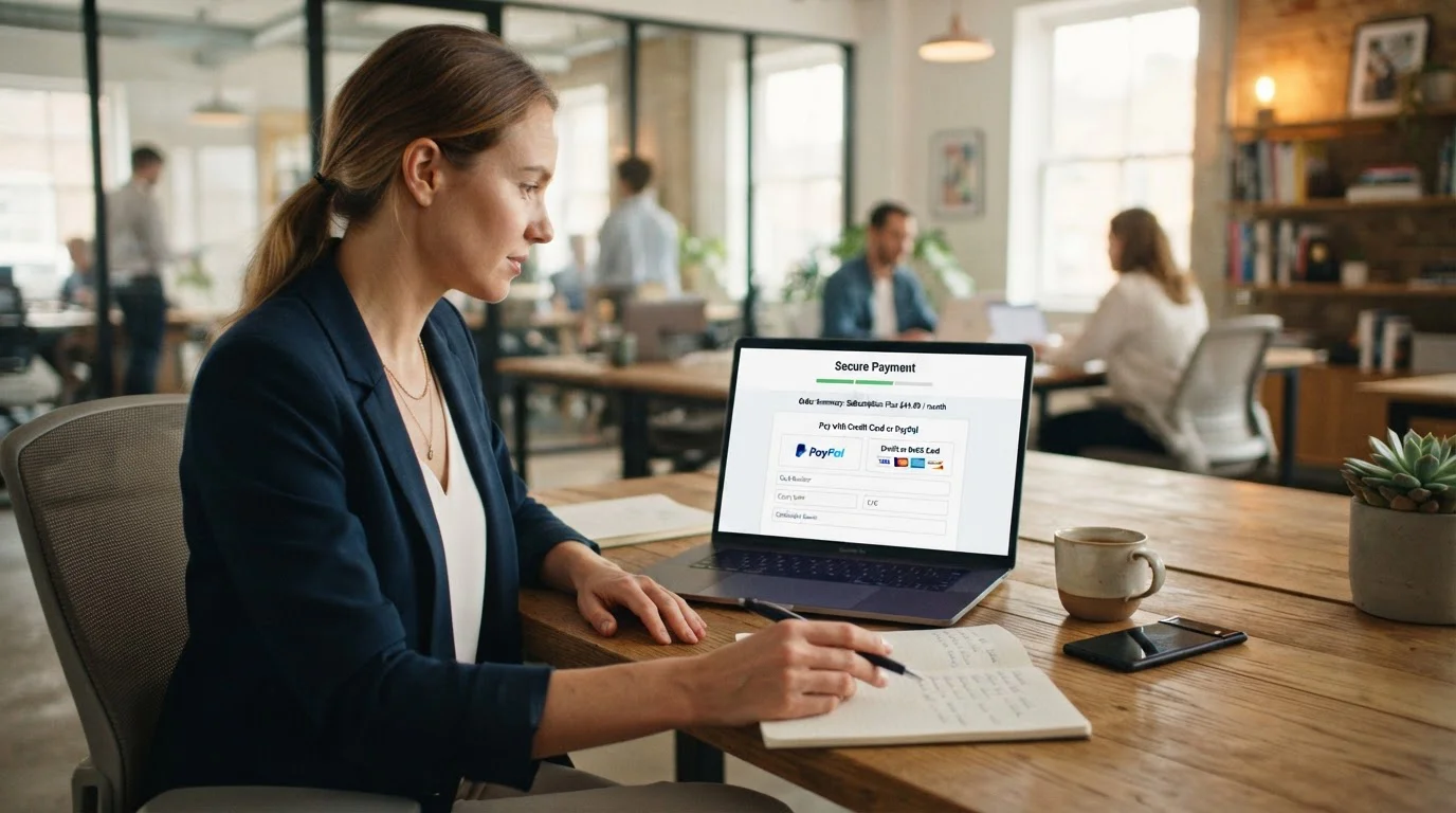 Laptop screen showing PayPal and debit card payment options
