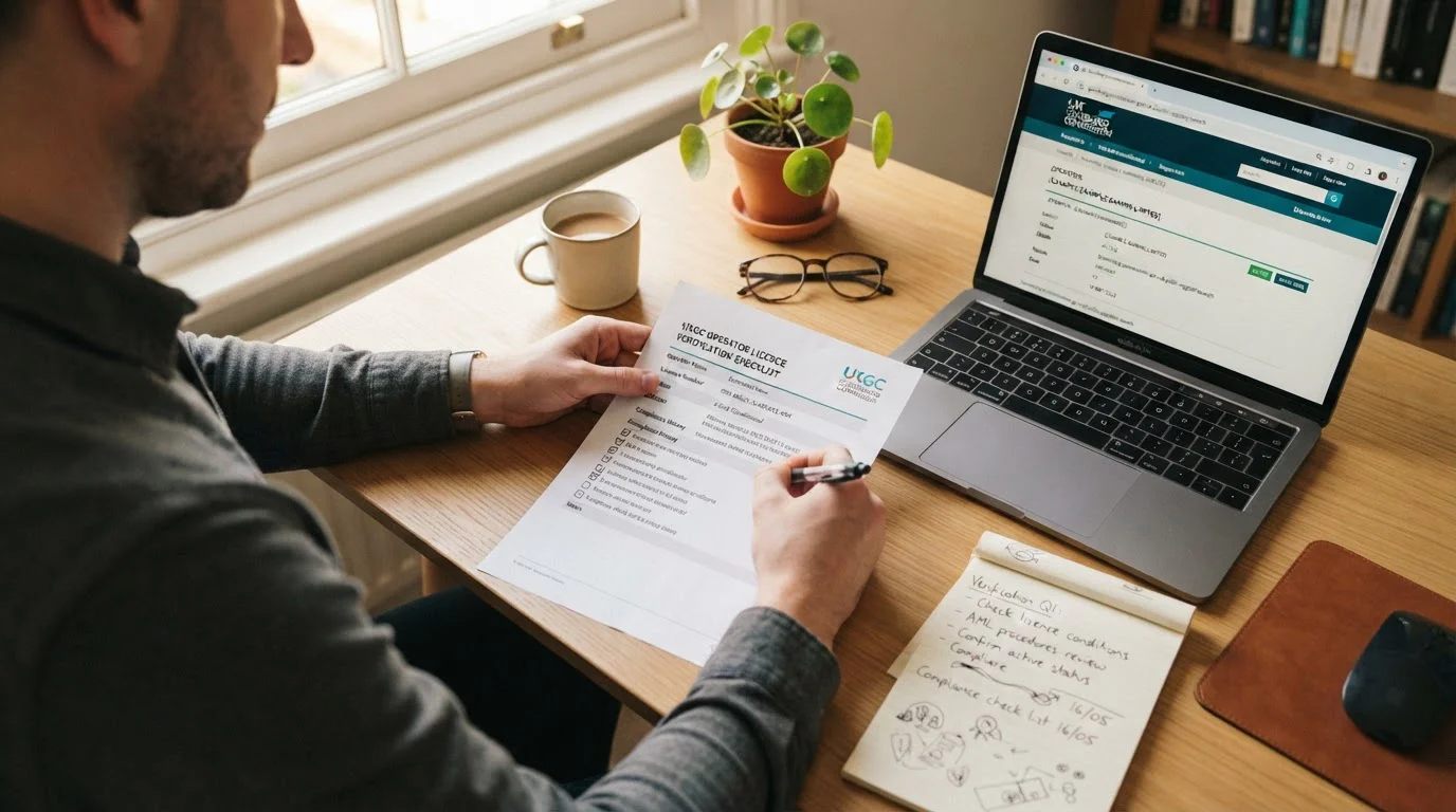 Person reviewing printed document with UKGC licence verification checklist on desk