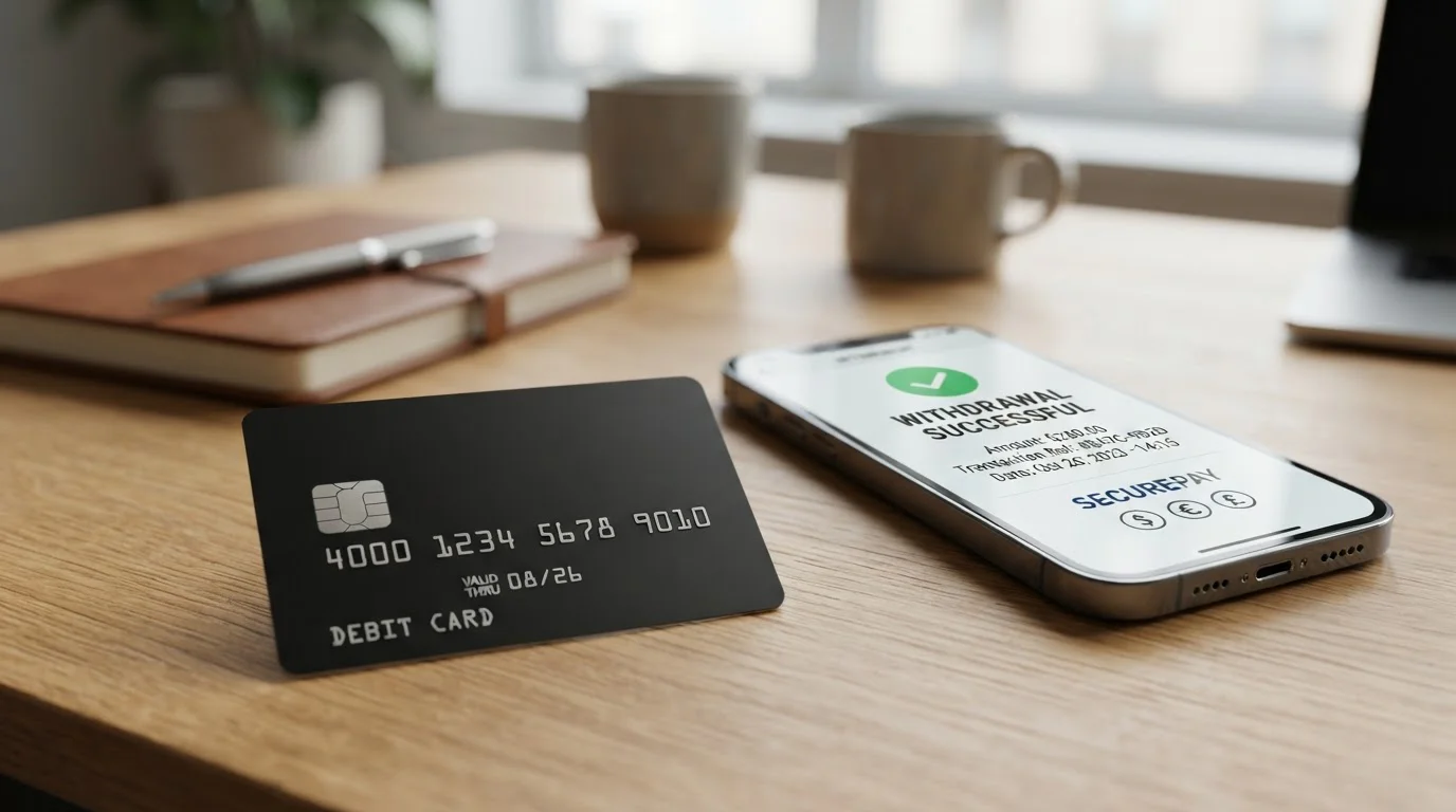 Bank card with withdrawal symbol and UK pound notes