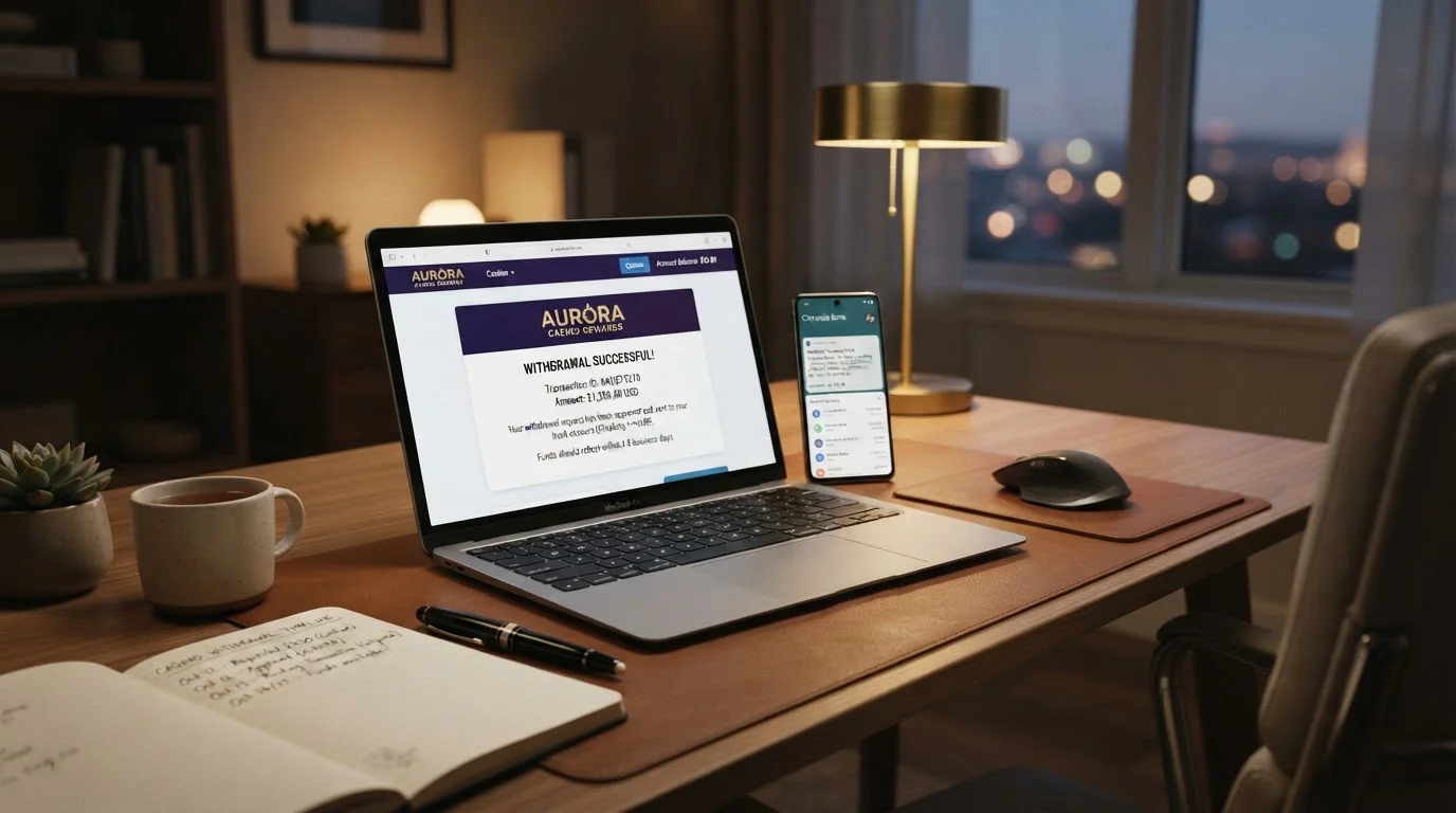 Clean office desk with laptop showing casino cashier page and withdrawal confirmation screen