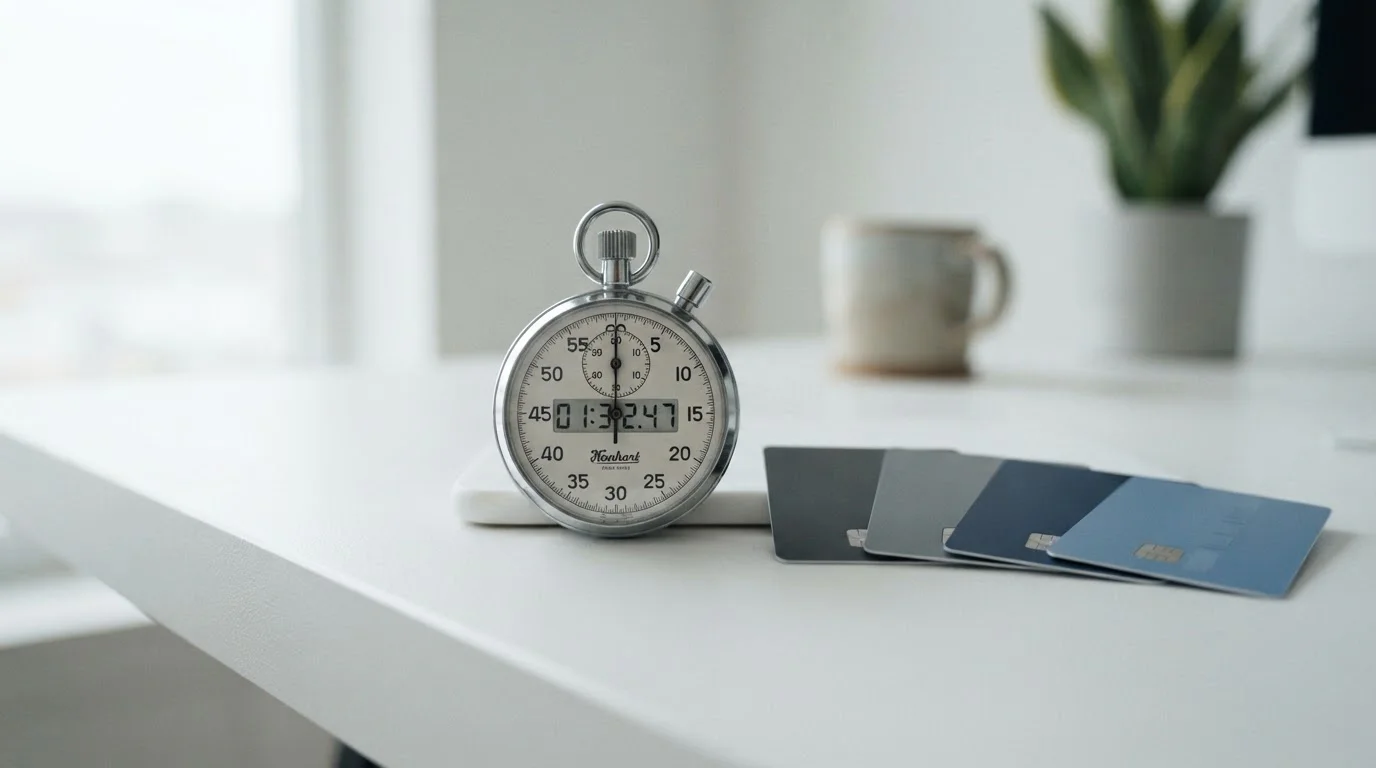 Stopwatch and UK bank cards representing measured casino withdrawal speed tests