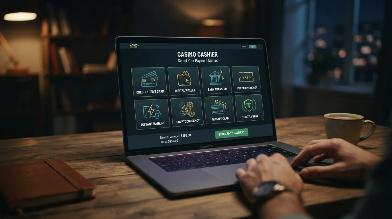 UK licensed casino cashier showing multiple payment method options