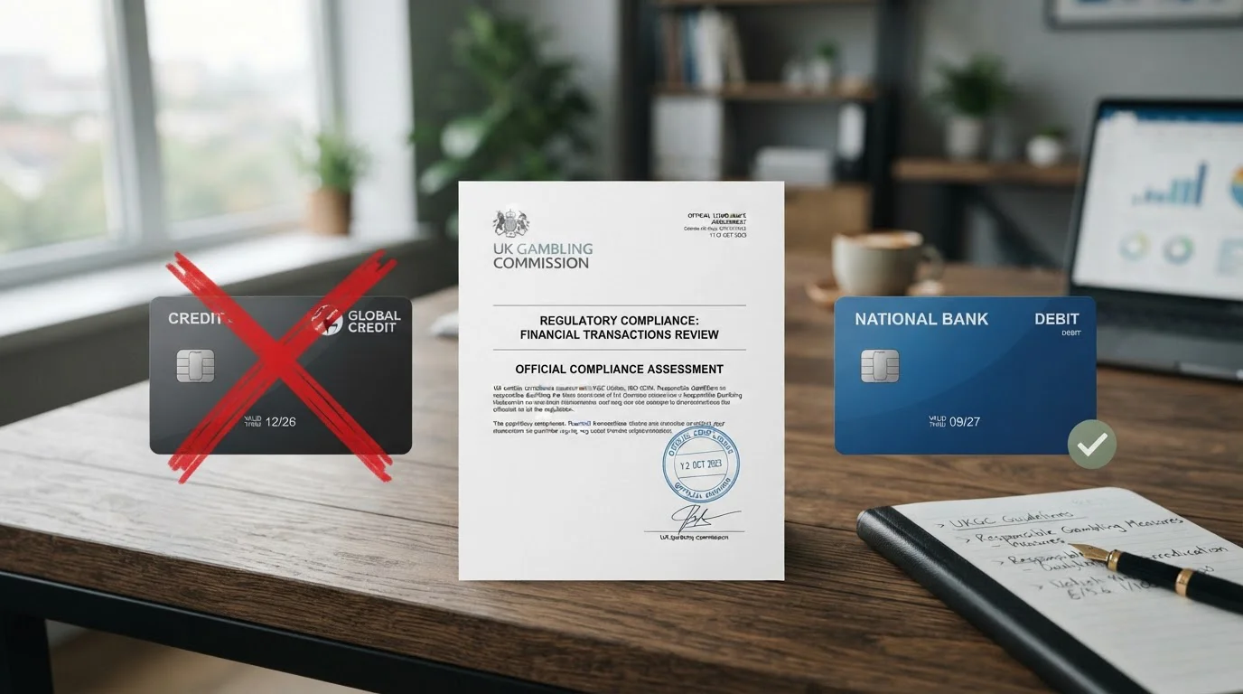 Crossed-out credit card next to approved debit card with UKGC regulatory document on professional desk