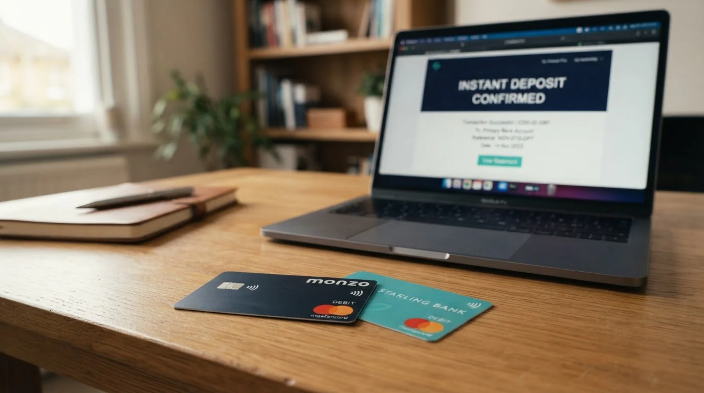 Close-up of UK debit cards on desk with instant deposit confirmation on laptop screen