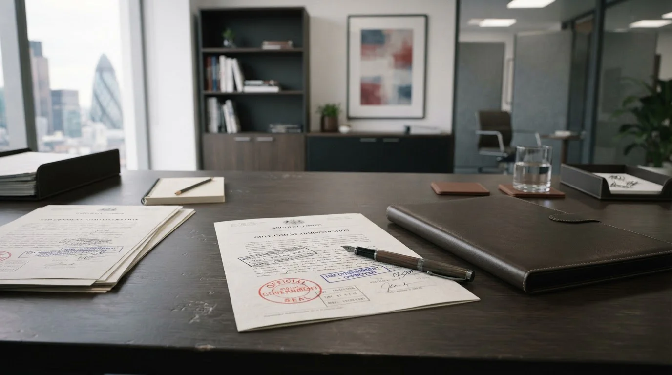 British office desk with official regulatory documents and governmental stamps