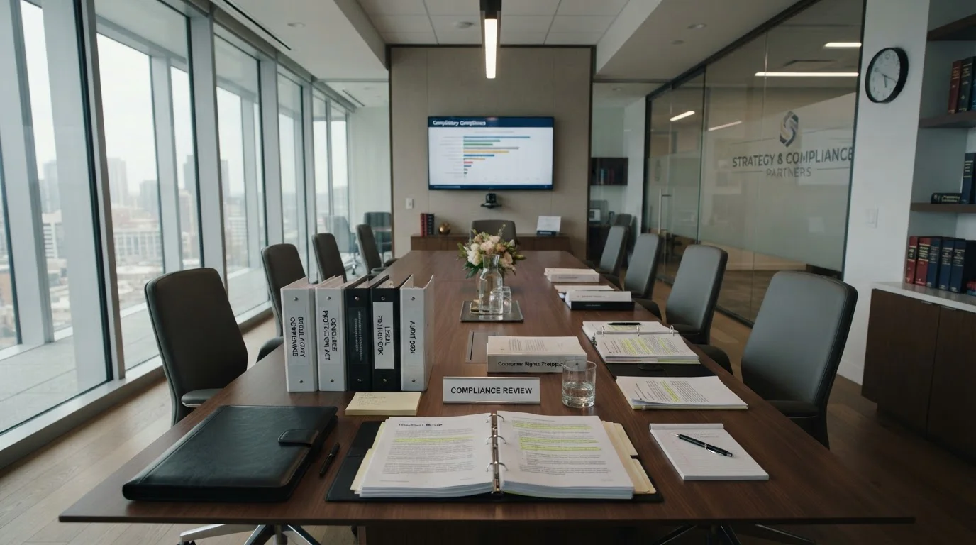 Professional meeting room with legal documents representing regulatory compliance