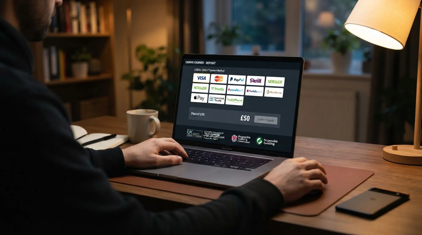 Casino cashier screen showing multiple payment options with UKGC licensing verification