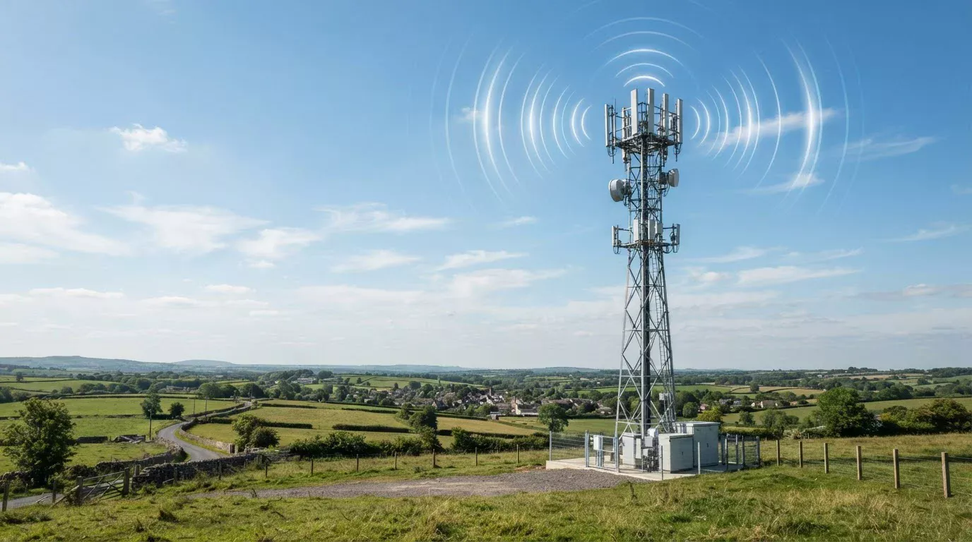 UK mobile network tower with signal waves illustration
