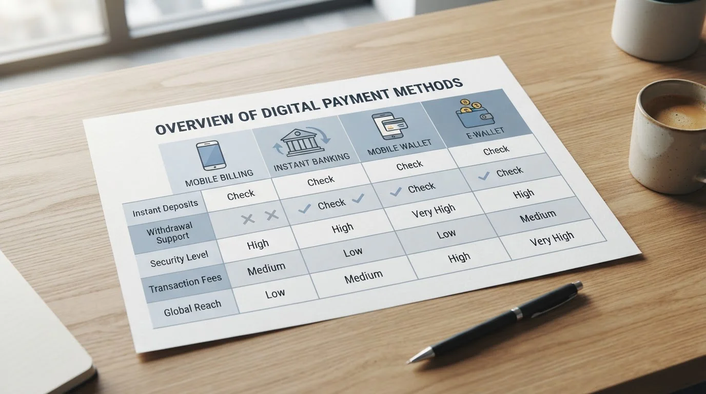 Comparison chart showing Boku, Trustly, Apple Pay and PayPal payment methods