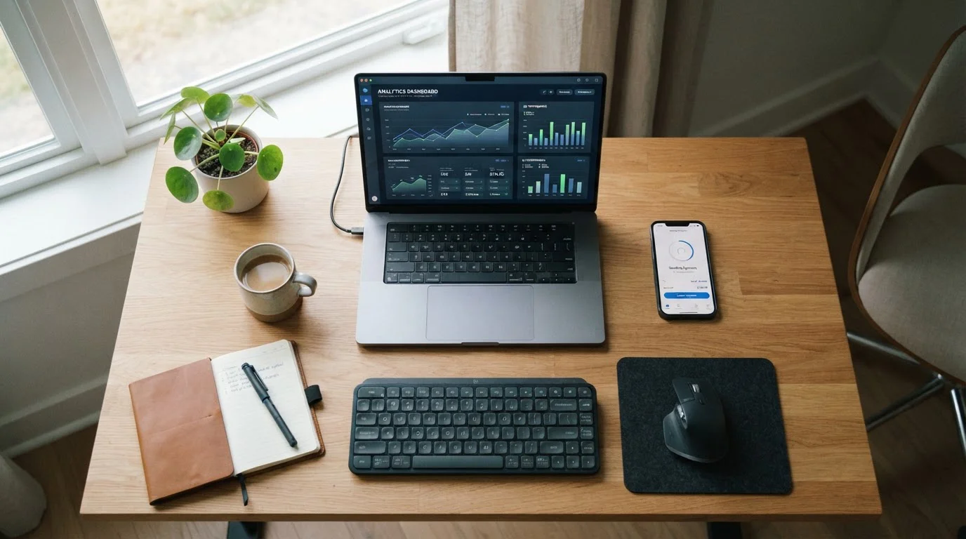 Modern desk with smartphone displaying payment interface and laptop with financial dashboard